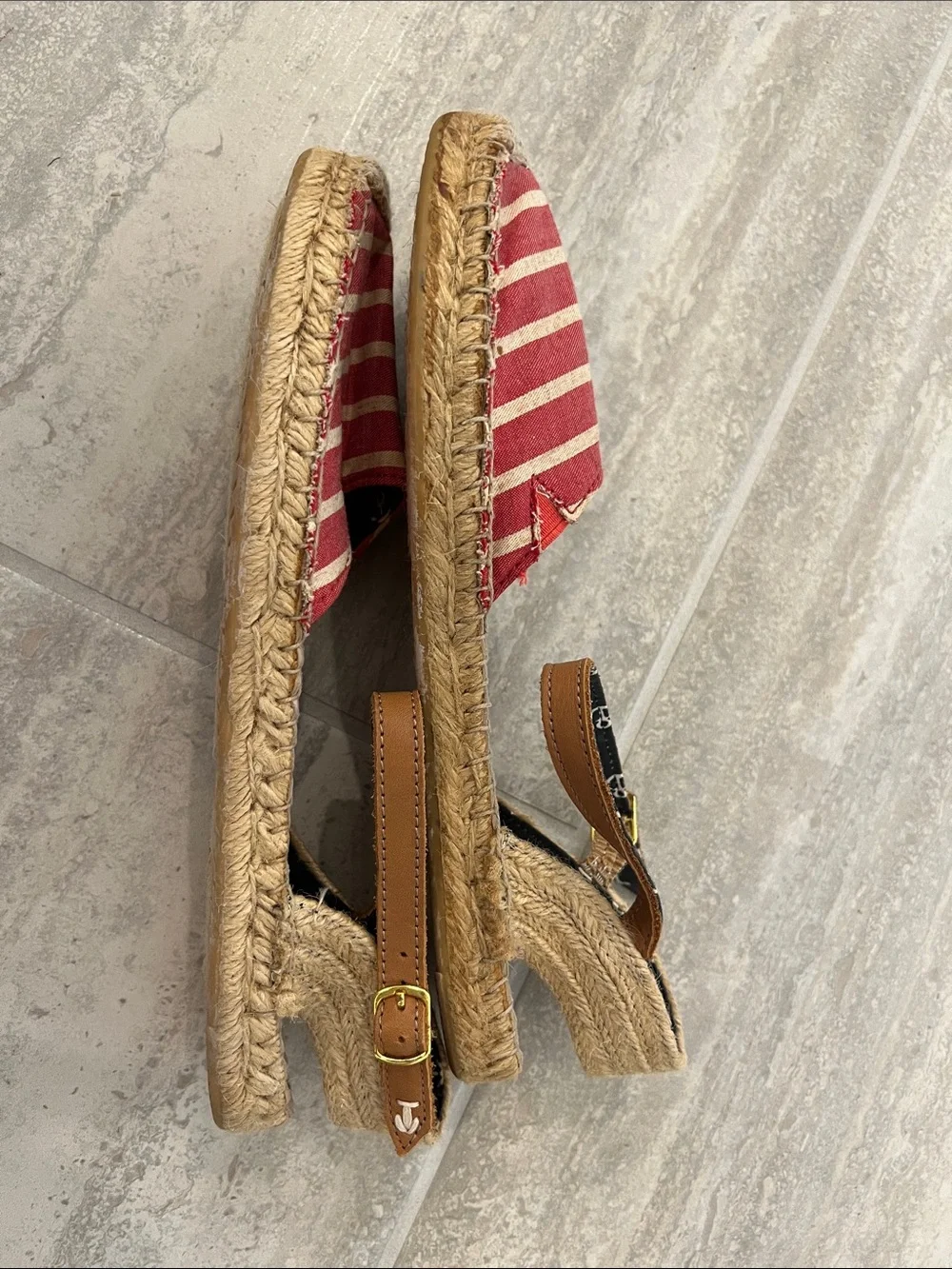 Sperry Red and Cream Striped Espadrille Sandals with Anchor-Print Ankle Strap